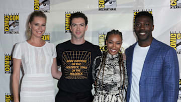 SAN DIEGO, CALIFORNIA - JULY 20: (L-R) Rebecca Romijn, Ethan Peck, Sonequa Martin-Green and David Ajala attend the "Enter The Star Trek Universe" Panel during 2019 Comic-Con International at San Diego Convention Center on July 20, 2019 in San Diego, California. (Photo by Albert L. Ortega/Getty Images)