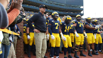 ANN ARBOR, MICHIGAN - OCTOBER 05: Head coach Jim Harbaugh waits to take the field to play the Iowa Hawkeyes at Michigan Stadium on October 05, 2019 in Ann Arbor, Michigan. Michigan won the game 10-3. (Photo by Gregory Shamus/Getty Images)