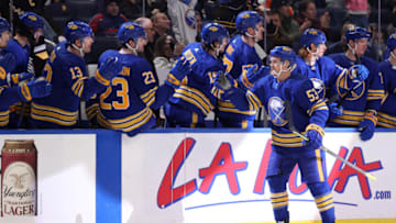 Jan 22, 2022; Buffalo, New York, USA; Buffalo Sabres left wing Jeff Skinner (53) celebrates his second goal of the game with teammates during the third period against the Philadelphia Flyers at KeyBank Center. Mandatory Credit: Timothy T. Ludwig-USA TODAY Sports