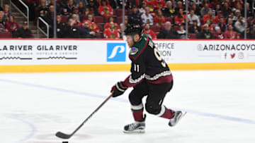 GLENDALE, ARIZONA - FEBRUARY 01: Taylor Hall #91 of the Arizona Coyotes skates the puck up ice against the Chicago Blackhawks at Gila River Arena on February 01, 2020 in Glendale, Arizona. (Photo by Norm Hall/NHLI via Getty Images)
