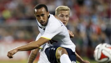 Jul 23, 2014; Toronto, Ontario, Canada; Tottenham Hotspur midfielder Andros Townsend (17) scores the winning goal on this shot against Toronto FC at BMO Field. Tottenham defeated Toronto 3-2. Mandatory Credit: John E. Sokolowski-USA TODAY Sports