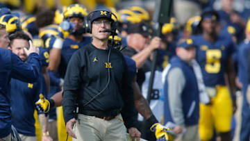 ANN ARBOR, MI - OCTOBER 06: Michigan Wolverines head coach Jim Harbaugh looks at the scoreboard during a game between the Maryland Terrapins and the Michigan Wolverines (15) on October 6, 2018 at Michigan Stadium in Ann Arbor, Michigan. (Photo by Scott W. Grau/Icon Sportswire via Getty Images)