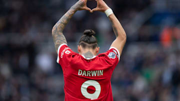 NEWCASTLE UPON TYNE, ENGLAND - AUGUST 27: Darwin Nunez of Liverpool celebrates scoring the winning goal during the Premier League match between Newcastle United and Liverpool FC at St. James Park on August 27, 2023 in Newcastle upon Tyne, England. (Photo by Joe Prior/Visionhaus via Getty Images)