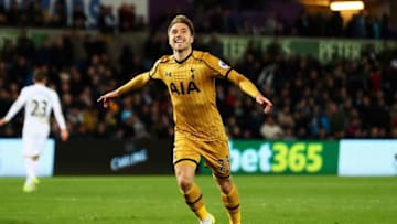 SWANSEA, WALES - APRIL 05: Christian Eriksen of Tottenham Hotspur celebrates scoring his sides third goal during the Premier League match between Swansea City and Tottenham Hotspur at the Liberty Stadium on April 5, 2017 in Swansea, Wales. (Photo by Michael Steele/Getty Images)