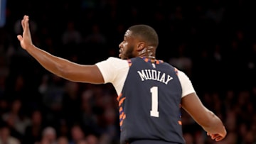 NEW YORK, NEW YORK - FEBRUARY 24: Emmanuel Mudiay #1 of the New York Knicks celebrates his three point shot in the first half against the San Antonio Spurs at Madison Square Garden on February 24, 2019 in New York City. NOTE TO USER: User expressly acknowledges and agrees that, by downloading and or using this photograph, User is consenting to the terms and conditions of the Getty Images License Agreement. (Photo by Elsa/Getty Images)