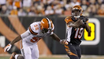 Nov 5, 2015; Cincinnati, OH, USA; Cincinnati Bengals wide receiver Brandon Tate (19) runs the ball against Cleveland Browns linebacker Karlos Dansby (56) in the second half at Paul Brown Stadium. Cincinnati defeated Cleveland 31-10. Mandatory Credit: Mark Zerof-USA TODAY Sports