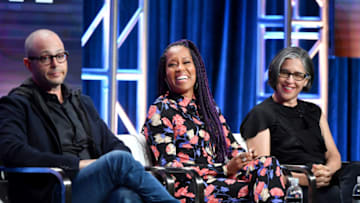 BEVERLY HILLS, CALIFORNIA - JULY 24: (L-R) Damon Lindelof, Regina King, and Nicole Kassell of 'Watchmen' speak during the HBO segment of the Summer 2019 Television Critics Association Press Tour 2019 at The Beverly Hilton Hotel on July 24, 2019 in Beverly Hills, California. (Photo by Amy Sussman/Getty Images)