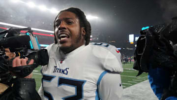 Auburn footballJan 4, 2020; Foxborough, Massachusetts, USA; Tennessee Titans linebacker Daren Bates (53) reacts after then game against the New England Patriots at Gillette Stadium. Mandatory Credit: David Butler II-USA TODAY Sports
