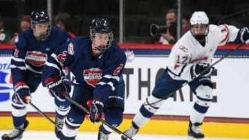 ST. PAUL, MN - SEPTEMBER 19: Team Leopold defenseman Cam York (2) skates with the puck during the USA Hockey All-American Prospects Game between Team Leopold and Team Langenbrunner on September 19, 2018 at Xcel Energy Center in St. Paul, MN. Team Leopold defeated Team Langenbrunner 6-4.(Photo by Nick Wosika/Icon Sportswire via Getty Images)