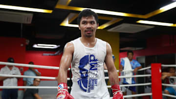 MANILA, PHILIPPINES - MAY 19: Manny Pacquiao looks on during a training session at Elorde boxing Gym on May 19, 2017 in Manila, Philippines. (Photo by Chris Hyde/Getty Images)