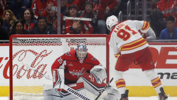 Oct 16, 2023; Washington, District of Columbia, USA; Washington Capitals goaltender Darcy Kuemper (35) prepares to make the game winning save on Calgary Flames center Nazem Kadri (91) in a shootout at Capital One Arena. Mandatory Credit: Geoff Burke-USA TODAY Sports