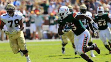 ATLANTA, GA - OCTOBER 01: Shaquille Quarterman #55 of the Miami Hurricanes recovers a fumble for a touchdown during the first half against the Georgia Tech Yellow Jackets at Bobby Dodd Stadium on October 1, 2016 in Atlanta, Georgia. (Photo by Daniel Shirey/Getty Images)