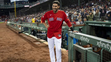 BOSTON, MA - SEPTEMBER 16: J.D. Martinez #28 of the Boston Red Sox reacts after a game against the Kansas City Royals on September 16, 2022 at Fenway Park in Boston, Massachusetts.(Photo by Billie Weiss/Boston Red Sox/Getty Images)