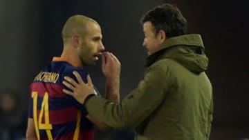 YOKOHAMA, JAPAN - DECEMBER 20: Javier Mascherano of FC Barcelona talks to Luis Enrique coach of FC Barcelona as he is substituted during the FIFA Club World Cup final match between River Plate and FC Barcelona at International Stadium Yokohama on December 20, 2015 in Yokohama, Japan. (Photo by Amilcar Orfali/LatinContent/Getty Images)