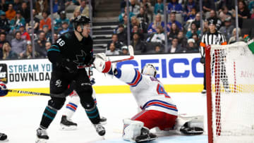 SAN JOSE, CALIFORNIA - DECEMBER 12: Tomas Hertl #48 of the San Jose Sharks has a shot hit the post after it goes past goalie Alexandar Georgiev #40 of the New York Rangers at SAP Center on December 12, 2019 in San Jose, California. (Photo by Ezra Shaw/Getty Images)