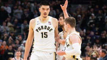 Dec 17, 2022; Indianapolis, Indiana, USA; Purdue Boilermakers guard Braden Smith (3) celebrates with center Zach Edey (15) after defeating the Davidson Wildcats at Gainbridge Fieldhouse. Mandatory Credit: Trevor Ruszkowski-USA TODAY Sports