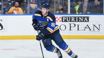 ST. LOUIS, MO - JANUARY 9: Vladimir Tarasenko #91 of the St. Louis Blues skates with the puck during a game against the Florida Panthers at Scottrade Center on January 9, 2018 in St. Louis, Missouri. (Photo by Joe Puetz/NHLI via Getty Images)