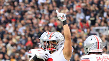 WEST LAFAYETTE, INDIANA - OCTOBER 14: Cade Stover #8 of the Ohio State Buckeyes celebrates after scoring a touchdown during the first half at Ross-Ade Stadium on October 14, 2023 in West Lafayette, Indiana. (Photo by Justin Casterline/Getty Images)