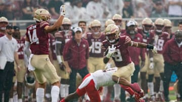 Florida State running back Treshaun Ward (8) dodges a defender as he makes his way towards the end zone. The Florida State Seminoles hosted the Duquesne Dukes at Doak Campbell Stadium on Saturday, Aug. 27, 2022.Fsu V Duquesne086