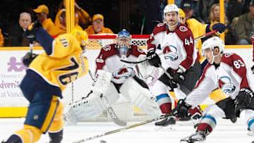 NASHVILLE, TN - NOVEMBER 18: Semyon Varlamov #1 and Mark Barberio #44 of the Colorado Avalanche eye the shot of P.K. Subban #76 of the Nashville Predators during an NHL game at Bridgestone Arena on November 18, 2017 in Nashville, Tennessee. (Photo by John Russell/NHLI via Getty Images)