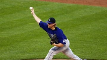 Aug 10, 2015; New York City, NY, USA; Colorado Rockies starting pitcher Jon Gray (55) pitches in the second inning against the New York Mets at Citi Field. Mandatory Credit: Andy Marlin-USA TODAY Sports