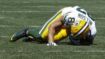 Aug 23, 2015; Pittsburgh, PA, USA; Green Bay Packers wide receiver Jordy Nelson (87) lays on the field after a pass reception against Pittsburgh Steelers during the first quarter at Heinz Field. The Steelers won 24-19. Nelson was injured on the play. Mandatory Credit: Charles LeClaire-USA TODAY Sports