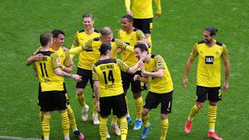 Borussia Dortmund players celebrate a goal (Photo by Friedemann Vogel - Pool/Getty Images)