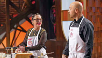 MASTERCHEF: L-R: Guest judge Nancy Silverton and judge Joe Bastianich in the “Nancy Silverton Pasta Challenge” airing Wednesday, July 14 (8:00-9:00 PM ET/PT) on FOX. © 2021 FOX MEDIA LLC. CR: FOX.