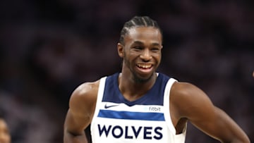 MINNEAPOLIS, MN - OCTOBER 20: Andrew Wiggins #22 of the Minnesota Timberwolves reacts to a play during the game against the Utah Jazz on October 20, 2017 at Target Center in Minneapolis, Minnesota. NOTE TO USER: User expressly acknowledges and agrees that, by downloading and or using this Photograph, user is consenting to the terms and conditions of the Getty Images License Agreement. Mandatory Copyright Notice: Copyright 2017 NBAE (Photo by Jordan Johnson/NBAE via Getty Images)