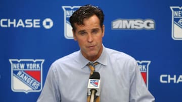 NEW YORK, NY - OCTOBER 11: Head coach David Quinn of the New York Rangers addresses the media after earning his first career win as an NHL head coach following a 3-2 win in overtime against the San Jose Sharks at Madison Square Garden on October 11, 2018 in New York City. (Photo by Jared Silber/NHLI via Getty Images)