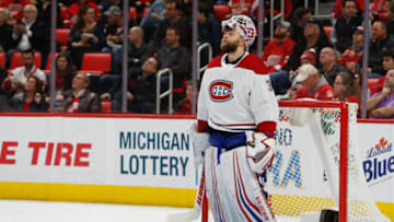 DETROIT, MI - APRIL 05: Montreal Canadiens goalie Antti Niemi, of Finland, (37) looks up at the video board during a regular season NHL hockey game between the Montreal Canadiens and the Detroit Red Wings on April 5, 2018, at Little Caesars Arena in Detroit, Michigan. (Photo by Scott W. Grau/Icon Sportswire via Getty Images)
