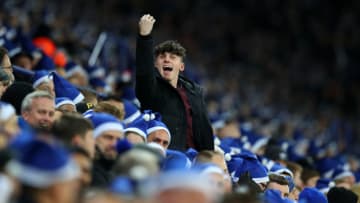 LEICESTER, ENGLAND - DECEMBER 23: A Leicester City fan gestures during the Premier League match between Leicester City and Manchester United at The King Power Stadium on December 23, 2017 in Leicester, England. (Photo by Catherine Ivill/Getty Images)