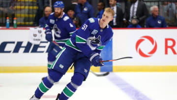 ABBOTSFORD, BC - SEPTEMBER 23: Vancouver Canucks Defenseman Tyler Myers (57) warms up before their NHL preseason game against the Ottawa Senators at the Abbotsford Events & Sports Centre on September 23, 2019 in Abbotsford, British Columbia, Canada.(Photo by Devin Manky/Icon Sportswire via Getty Images)