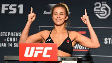 ST. LOUIS, MO - JANUARY 13: Paige VanZant poses on the scale during the UFC Fight Night weigh-in on January 13, 2018 in St. Louis, Missouri. (Photo by Josh Hedges/Zuffa LLC/Zuffa LLC via Getty Images)