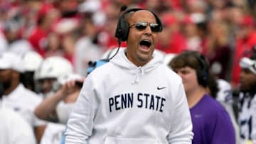 Oct 21, 2023; Columbus, Ohio, USA; Penn State Nittany Lions head coach James Franklin yells after a call against his defense during the second quarter of their game at Ohio Stadium.