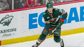 ST. PAUL, MN - JANUARY 17: Pontus Aberg #26 of the Minnesota Wild looks to pass during a game with the Anaheim Ducks at Xcel Energy Center on January 17, 2018 in St. Paul, Minnesota.(Photo by Bruce Kluckhohn/NHLI via Getty Images)
