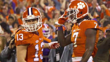 Nov 26, 2016; Clemson, SC, USA; Clemson Tigers wide receiver Mike Williams (7) celebrates with wide receiver Hunter Renfrow (13) after scoring a touchdown against the South Carolina Gamecocks during the first quarter at Clemson Memorial Stadium. Mandatory Credit: Joshua S. Kelly-USA TODAY Sports