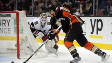 February 5, 2016; Anaheim, CA, USA; Anaheim Ducks center Mike Santorelli (25) scores a goal against Arizona Coyotes goalie Anders Lindback (29) during the second period at Honda Center. Mandatory Credit: Gary A. Vasquez-USA TODAY Sports