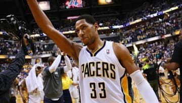 May 8, 2012; Indianapolis, IN, USA; Indiana Pacers small forward Danny Granger (33) points to the crowd after game five in the Eastern Conference quarterfinals of the 2012 NBA Playoffs at the Bankers Life Fieldhouse. Indiana defeated Orlando 105-87. Mandatory Credit: Michael Hickey-USA TODAY Sports