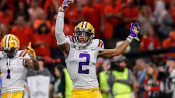 NEW ORLEANS, LA - JANUARY 13: Wide Receiver Justin Jefferson #2 of the LSU Tigers celebrates as the time is ticking away during the College Football Playoff National Championship game against the Clemson Tigers at the Mercedes-Benz Superdome on January 13, 2020 in New Orleans, Louisiana. LSU defeated Clemson 42 to 25. (Photo by Don Juan Moore/Getty Images)