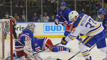 NEW YORK, NEW YORK - APRIL 10: Casey Mittelstadt #37 of the Buffalo Sabres scores on Igor Shesterkin #31 of the New York Rangers at Madison Square Garden on April 10, 2023 in New York City. The Sabres defeated the Rangers 3-2 in the shootout. (Photo by Bruce Bennett/Getty Images)