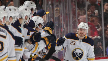 NEWARK, NEW JERSEY - FEBRUARY 17: Sam Reinhart #23 of the Buffalo Sabres celebrates his goal at 19:04 of the second period against the New Jersey Devils at the Prudential Center on February 17, 2019 in Newark, New Jersey. (Photo by Bruce Bennett/Getty Images)