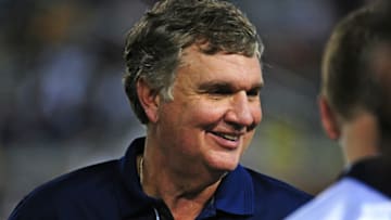 ATLANTA, GA - SEPTEMBER 3: Head Coach Paul Johnson of the Georgia Tech Yellow Jackets chats with players late in the game against the Alcorn State Braves on September 3, 2015 in Atlanta, Georgia. Photo by Scott Cunningham/Getty Images)