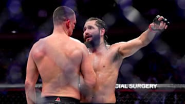 NEW YORK, NEW YORK - NOVEMBER 02: Jorge Masvidal of the United States (R) speaks to Nate Diaz of the United States after he is awarded victory by TKO on a medical stoppage against in the Welterweight "BMF" championship bout during UFC 244 at Madison Square Garden on November 02, 2019 in New York City. (Photo by Steven Ryan/Getty Images)