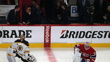 MONTREAL - MAY 8: Boston Bruins goalie Tuukka Rask and Montreal Canadiens goalie Carey Price prepare to face off in Game Four. The Montreal Canadiens host the Boston Bruins in Game Four of the NHL Eastern Conference semifinals at the Bell Centre on Thursday, May 8, 2014. (Photo by Barry Chin/The Boston Globe via Getty Images)