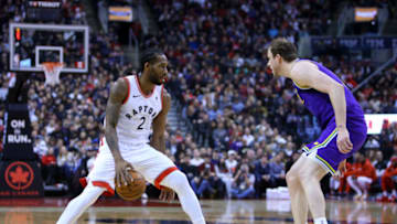TORONTO, ON - JANUARY 1: Kawhi Leonard #2 of the Toronto Raptors dribbles the ball during the first half of an NBA game against the Utah Jazz at Scotiabank Arena on January 1, 2019 in Toronto, Canada. NOTE TO USER: User expressly acknowledges and agrees that, by downloading and or using this photograph, User is consenting to the terms and conditions of the Getty Images License Agreement. (Photo by Vaughn Ridley/Getty Images)