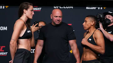 LAS VEGAS, NEVADA - AUGUST 20: In this UFC handout, (L-R) Opponents Bea Malecki of Sweden and Josiane Nunes of Brazil face off during the UFC Fight Night weigh-in at UFC APEX on August 20, 2021 in Las Vegas, Nevada. (Photo by Chris Unger/Zuffa LLC via Getty Images)
