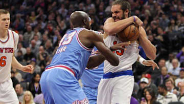 Dec 9, 2016; Sacramento, CA, USA; New York Knicks center Joakim Noah (13) fights for the ball against Sacramento Kings forward Anthony Tolliver (43) during the second quarter at Golden 1 Center. Mandatory Credit: Sergio Estrada-USA TODAY Sports