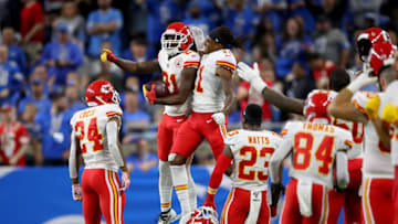 Bashaud Breeland #21 of the Kansas City Chiefs celebrates with his teammates after scoring a 100 yard touchdown off of a fumble (Photo by Gregory Shamus/Getty Images)