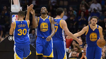 Oct 19, 2016; San Diego, CA, USA; Golden State Warriors forward Kevin Durant (35) is congratulated by guard Stephen Curry (30) during the fourth quarter against the Los Angeles Lakers at Valley View Casino Center. Mandatory Credit: Jake Roth-USA TODAY Sports